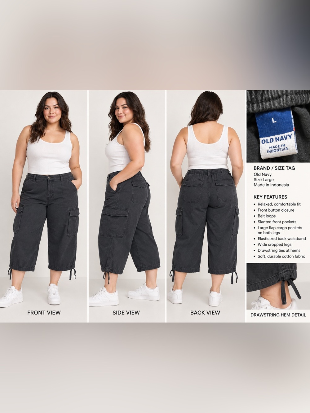 Old Navy Women’s Large Black Cargo Capri Pants Drawstring Hem